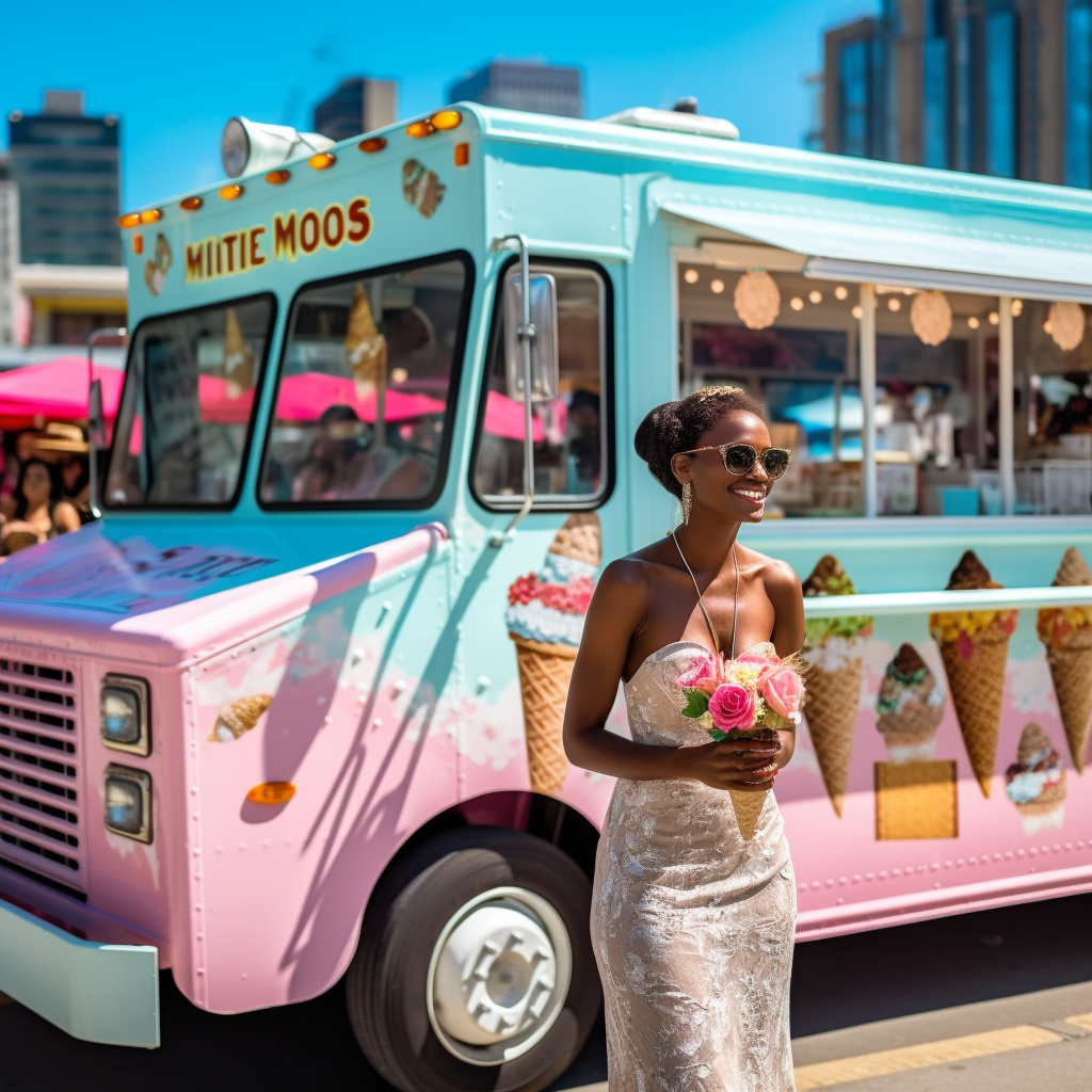 This is an image of a bride standing in front of an ice cream truck she hired for her wedding catering. She is smiling