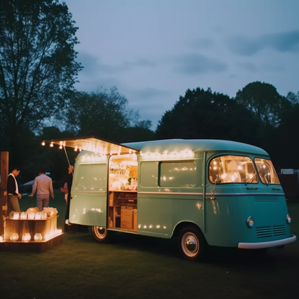 a beautiful volkswagen vintage food truck at a wedding with string lights
