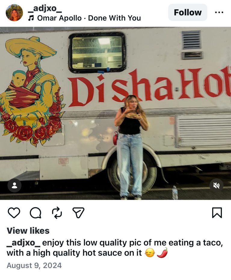 Instagram post of a fan eating a taco from the Disha Hot food truck. The food truck is directly behind her, with the food truck's logo and name visible.