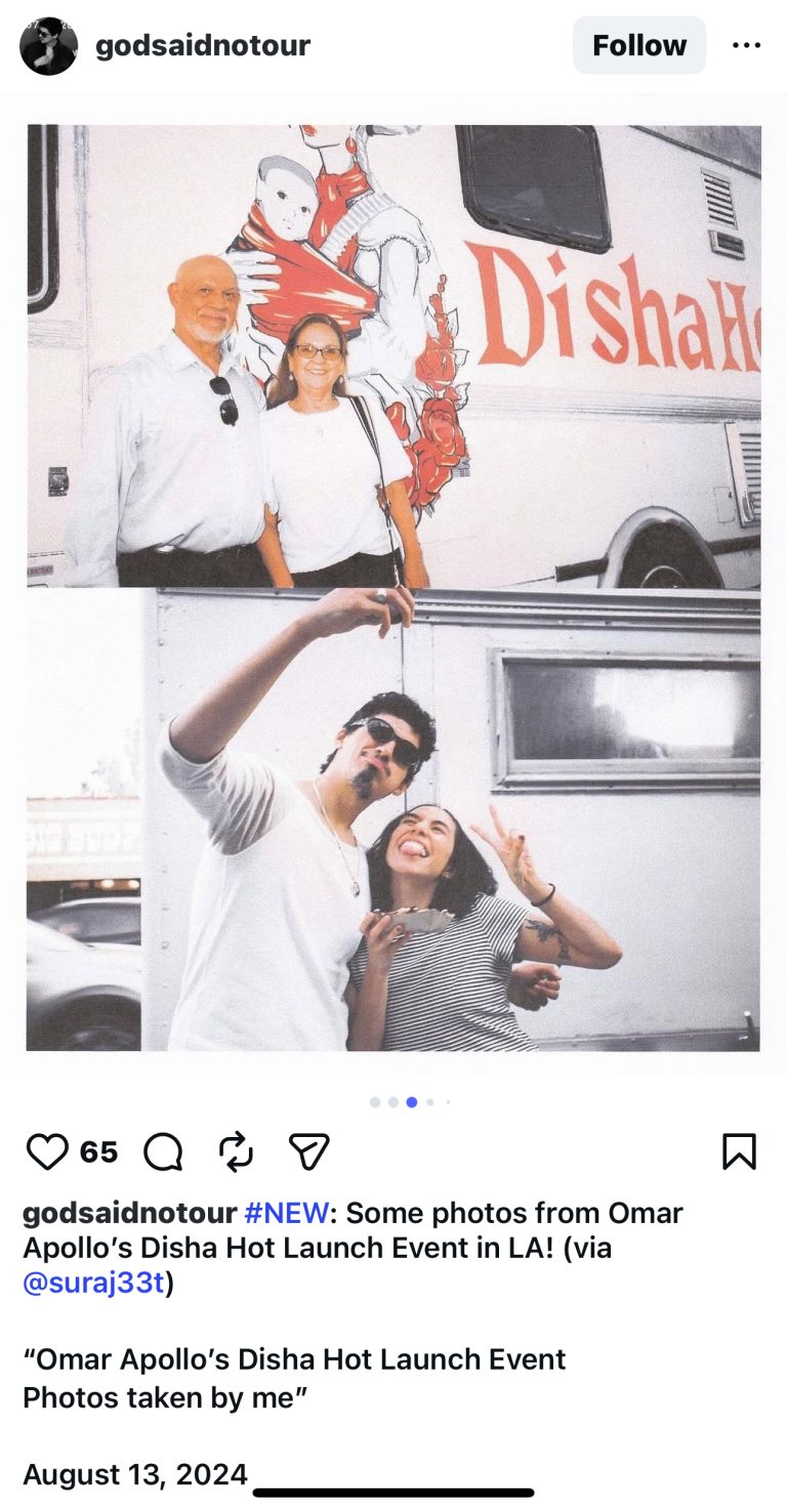 Instagram post with two images. The top image is Omar Apollo's parents smiling for the camera. The bottom image is Omar Apollo taking a selfie with a fan in front of the Disha Hot food truck.