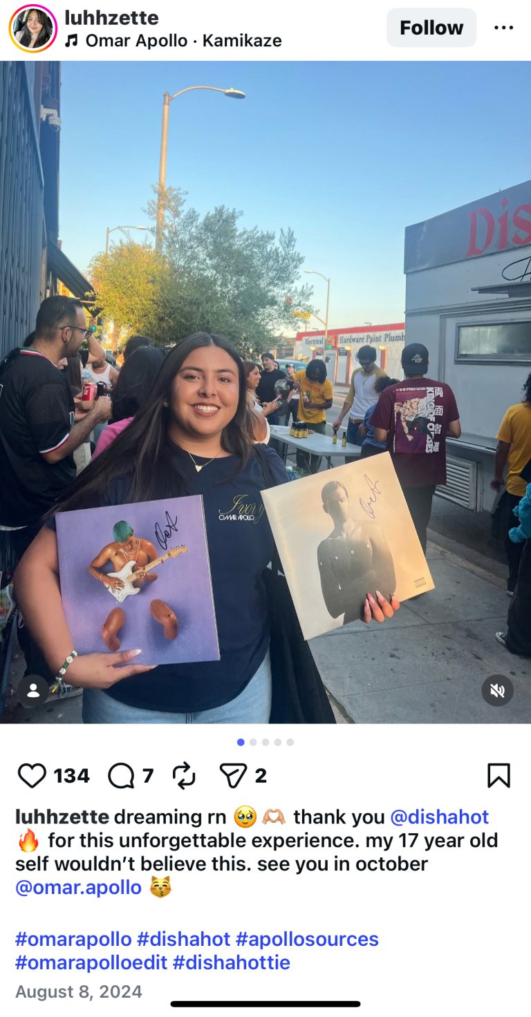 Instagram post of a fan holding two vinyl records. Customers wait in line at Disha Hot food truck to take bottles of Disha Hot sauce.